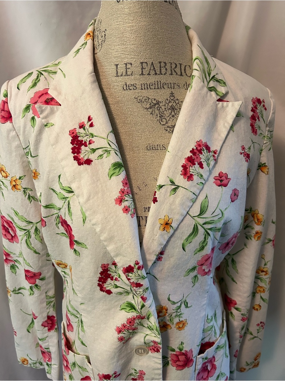 Floral Linen-Cotton Blend Blazer Jacket in White with Pink & Yellow Flowers